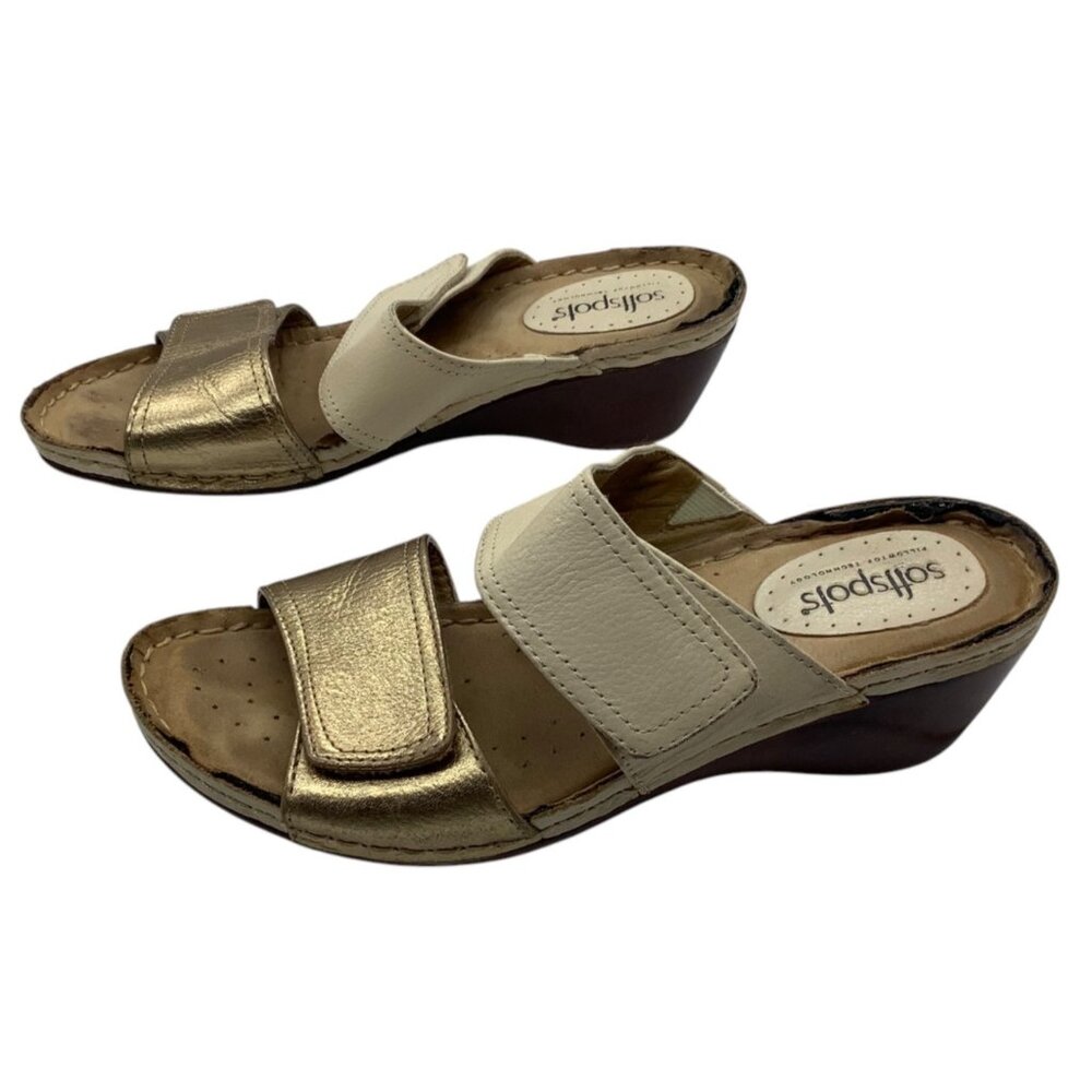 Softspots Beige Gold Wedge Sandals Hook Loop Straps Women Sz 7.5‎